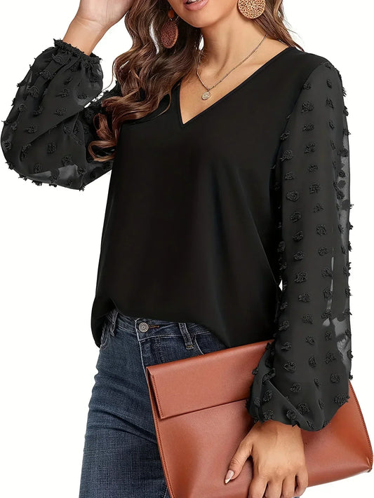 Velora™ - Embellished Sleeve V-Neck Blouse