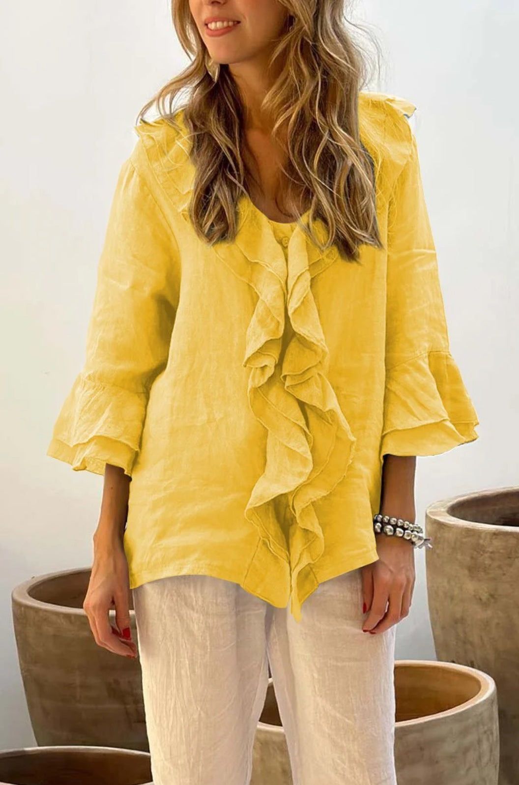 Kaylee™ | Ruffled Cotton Linen Shirt