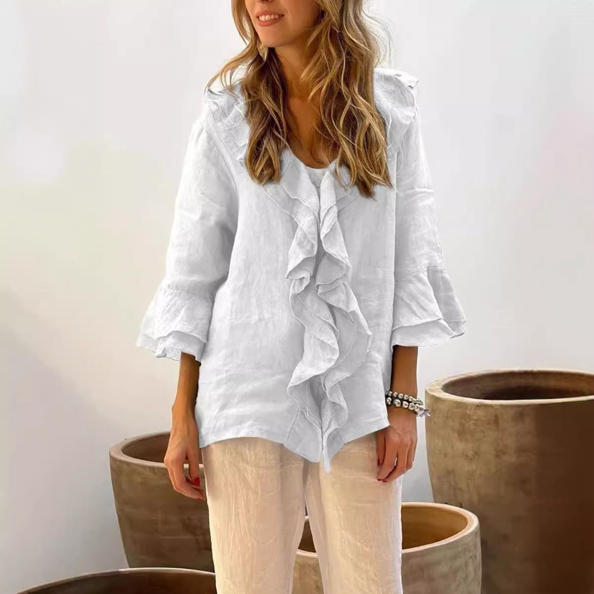 Kaylee™ | Ruffled Cotton Linen Shirt